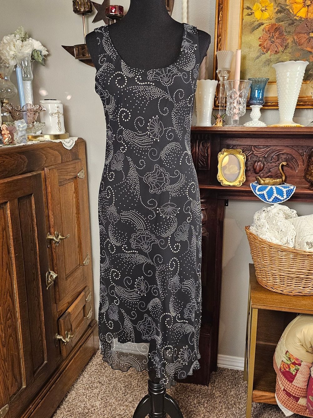 Jonathan Martin Studio Bias Cut Maxi Dress Black White Floral Dot Size 8
